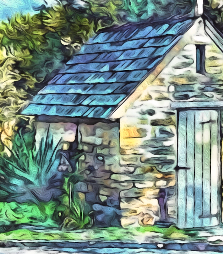 Detail of German Chapel Puzzle image - blues and greens in trees and tan church walls with blue tinted slate roof