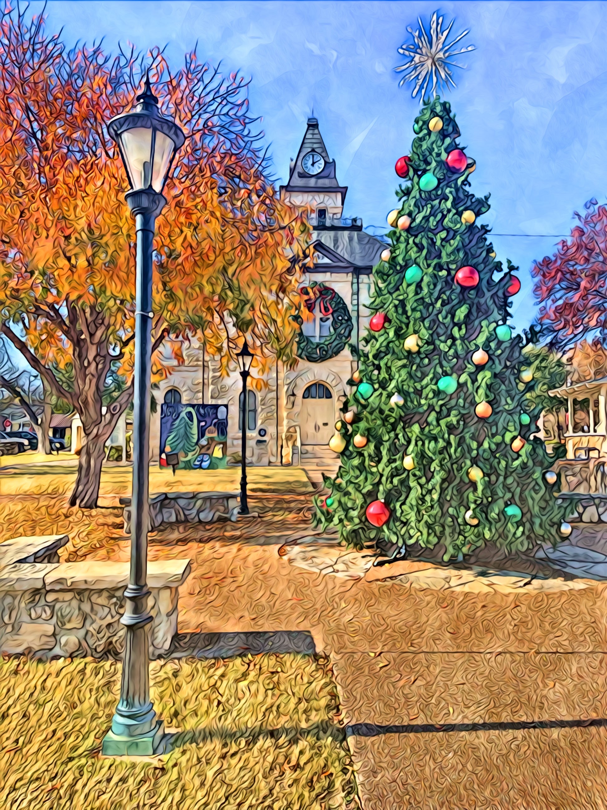 Glen Rose Christmnas Tree, Fall colors and Somervell Co Courthouse