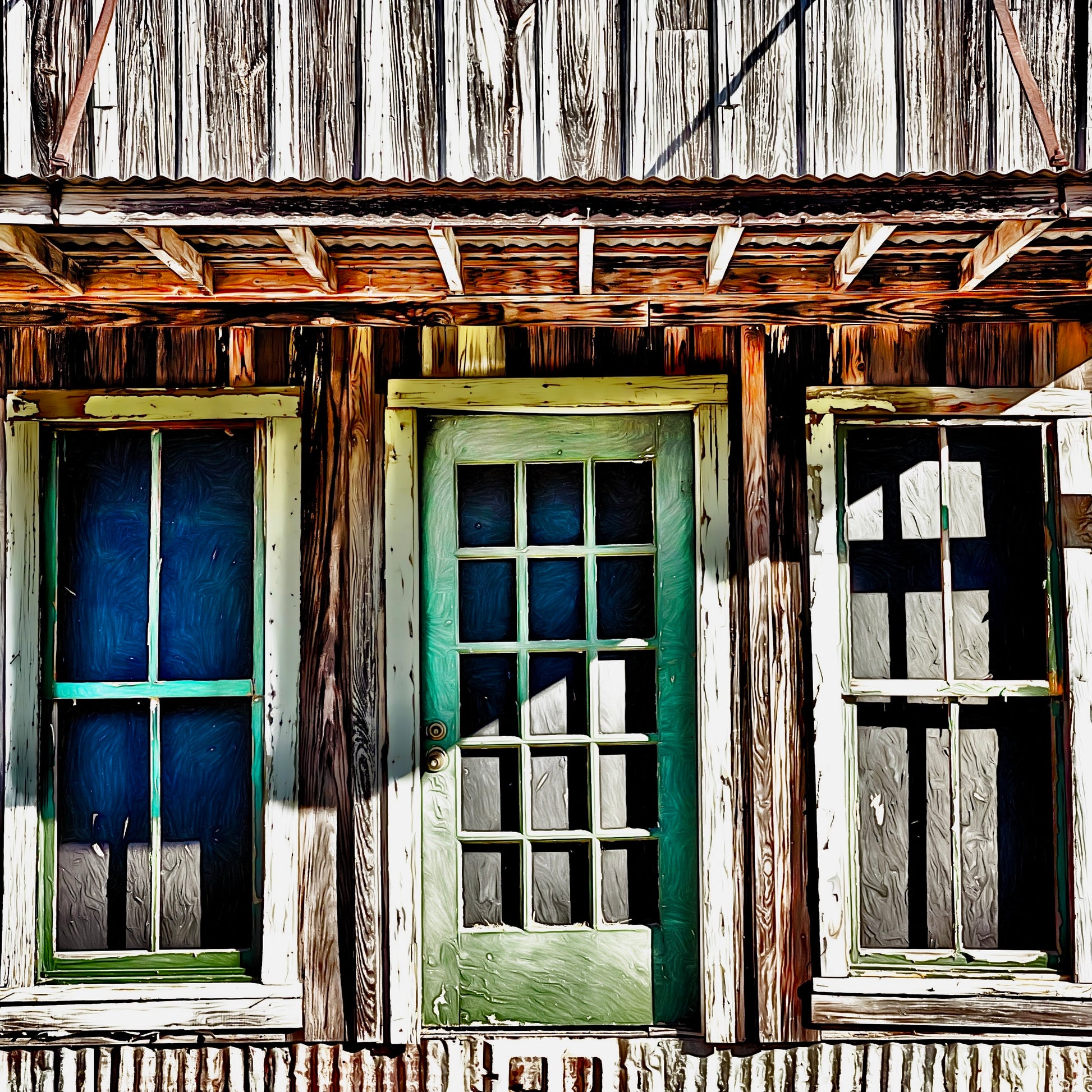 Rustic porch of wooden historic mercantile.. Metal roof, green door flanked by two windows framed with white wood.