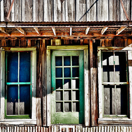 Rustic porch of wooden historic mercantile.. Metal roof, green door flanked by two windows framed with white wood.