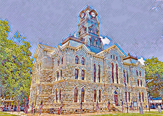 Image of Hood County courthouse in Granbury. Grand architecture with clock towe and made of limestone with many windows, peaked roofs and corbels