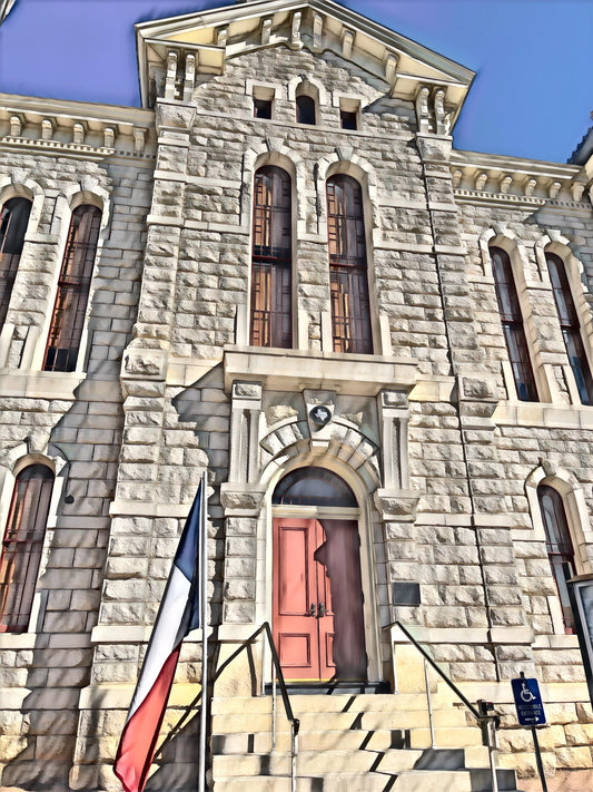 Image of red door to entrance to Hood County Courthouse 