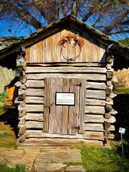 tiny log cabin post office with peaked roof