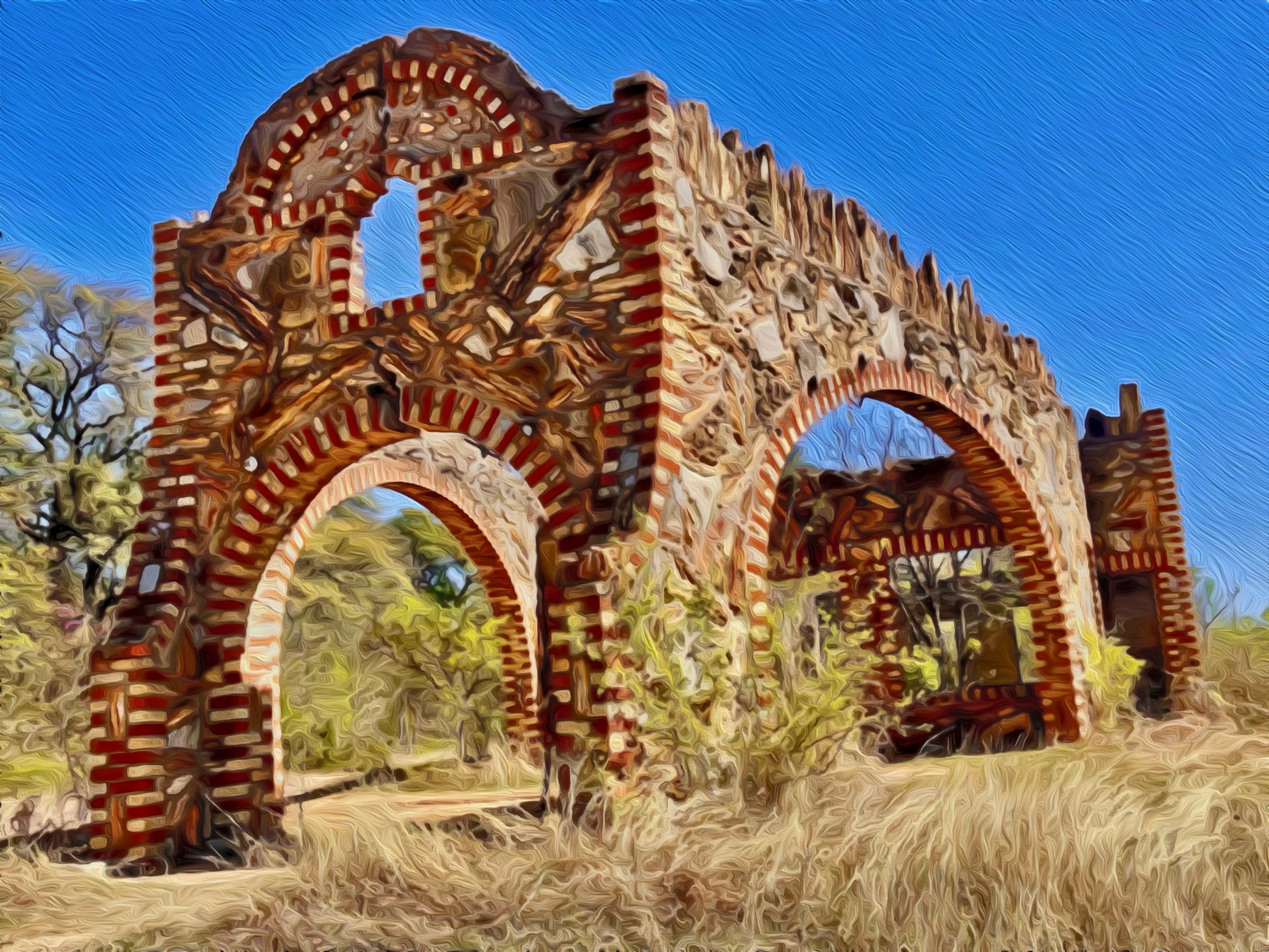 puzzle image. Abandoned structure of prohibition era gas station made of red and white brick, petrified wood and fossils