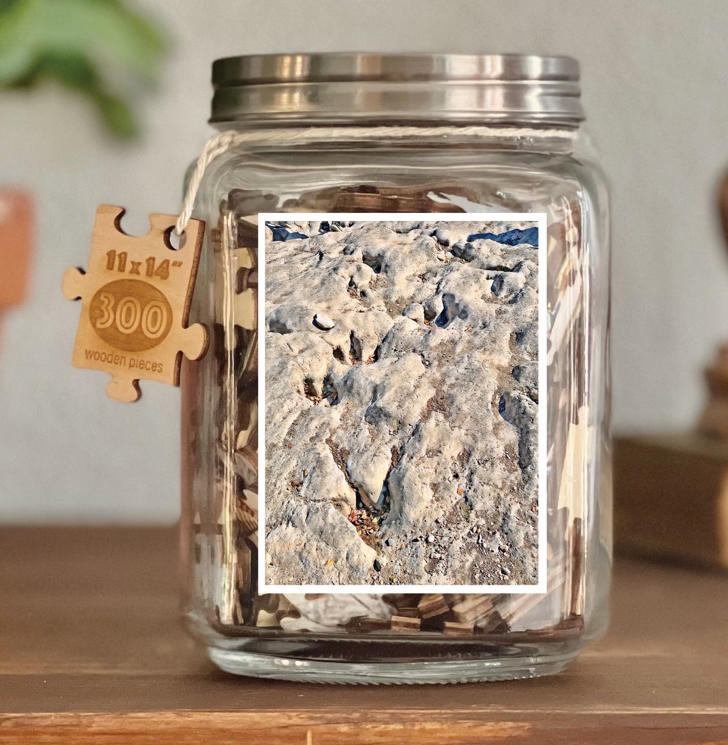 Image of puzzle shown on display clear glass Mason style jar with silver metal crew on lid. Exposes puzzle pieces inside the jar. Wooden tag hangs down the side of the jar with kite string from lid of jar with size and piece count engraved into it.