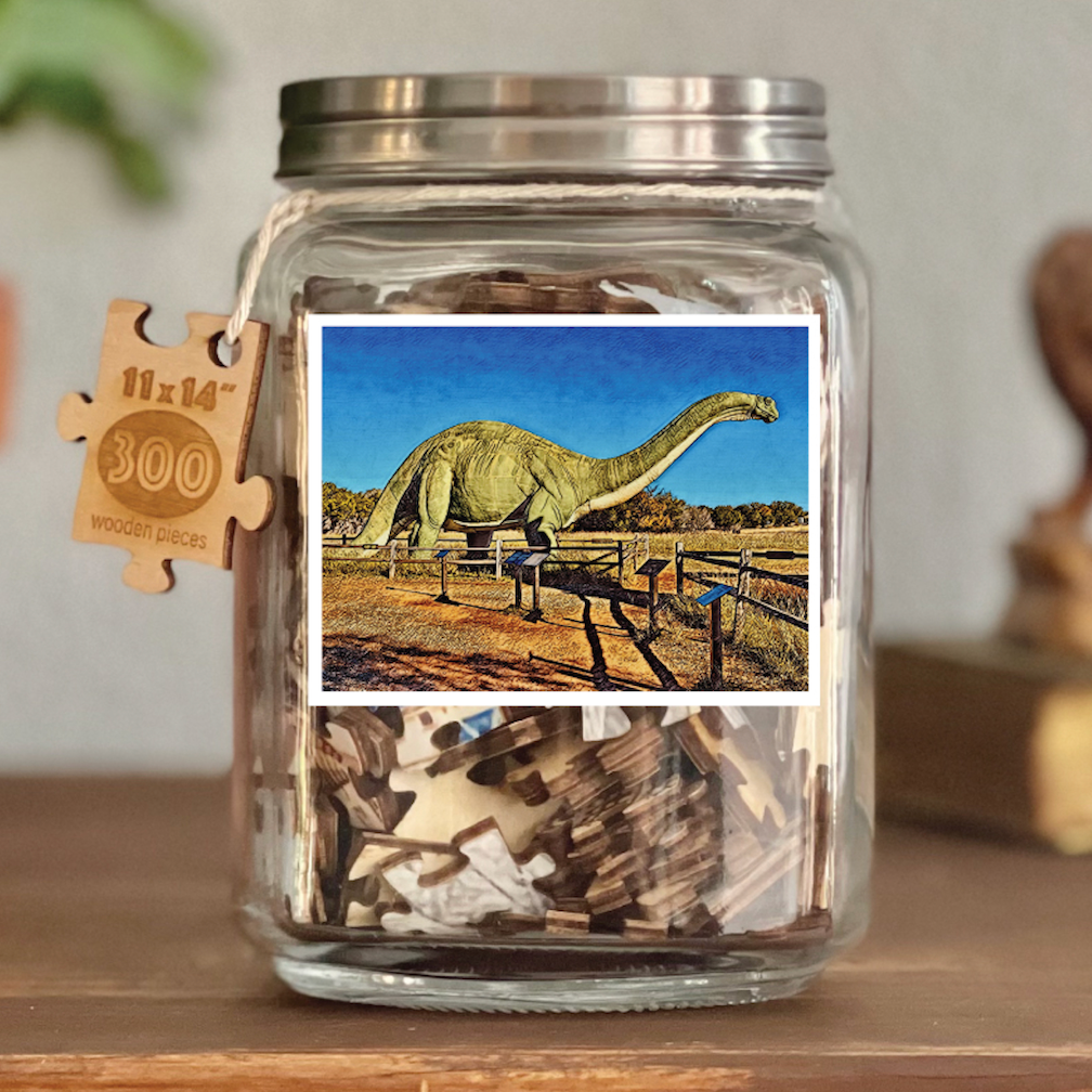 Image of puzzle shown on display clear glass Mason style jar with silver metal crew on lid. Exposes puzzle pieces inside the jar. Wooden tag hangs down the side of the jar with kite string from lid of jar with size and piece count engraved into it.