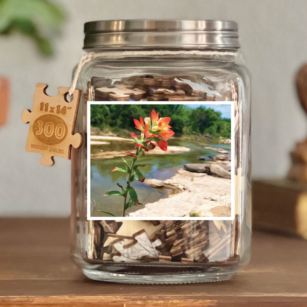 Image of puzzle shown on display clear glass Mason style jar with silver metal crew on lid. Exposes puzzle pieces inside the jar. Wooden tag hangs down the side of the jar with kite string from lid of jar with size and piece count engraved into it.