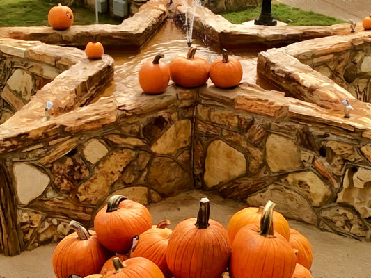 image of puzzle star water fountain made from petrified wood with orandge pumpkins decorating it