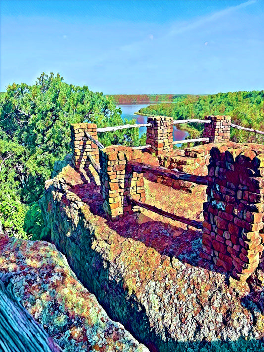 Stone pillars and split rail fences and view of Mineral Wells Lake 